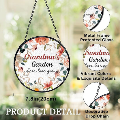Grandma Garden Gifts Suncatchers Stained Glass Window Hanging, Grandmother Gifts for Mother's Day, Grandma's Garden Flower Sun Catchers Indoor Window, 7.9x7.9in