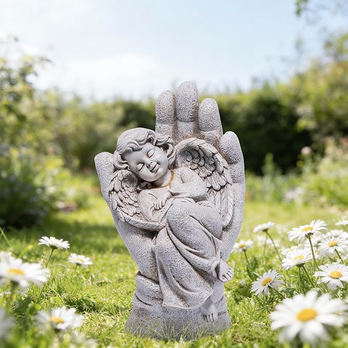 basen Guardian Angel Statue in Hand, Memorial Angel Garden Statue for Outdoor Yard Lawn Patio, Resin Angel Figurine Decoration for Grave Cemetery Remembrance, Sympathy Gift Decor