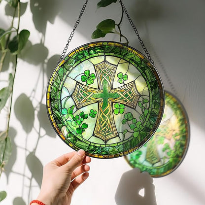 8'' St. Patrick's Day Cross Stained Glass Suncatcher Ornament, Stained Glass Window Hanging, Irish Decor, Patrick Day Decor, Irish Shamrock Gift, Cross Gifts, Religious Gifts, Christian Gift