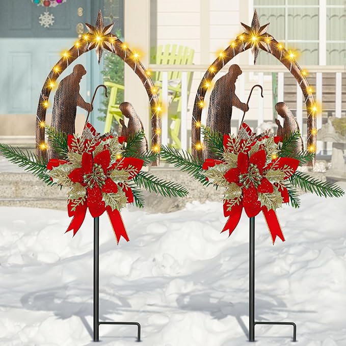 Moukeren 2 Pcs 2 Pcs 3.5ft Nativity Scene Outdoor Yard Stakes, Solar Lighted Outdoor Metal Christmas Nativity Scene Decoration for Christmas Holiday Lawn Garden Yard Decoration (Rustic)