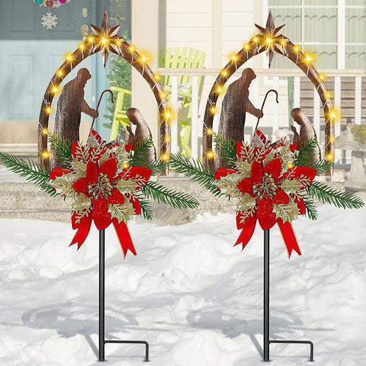 Moukeren 2 Pcs 2 Pcs 3.5ft Nativity Scene Outdoor Yard Stakes, Solar Lighted Outdoor Metal Christmas Nativity Scene Decoration for Christmas Holiday Lawn Garden Yard Decoration (Rustic)