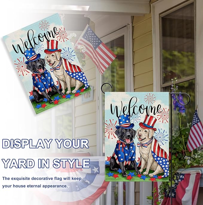 Welcome 4th of July Dog Patriotic Decorative Garden Flag, America USA Black Labrador Puppy Stars Stripes Yard Outside Decorations, American Summer Outdoor Small Home Decor Double Sided 12 x 18