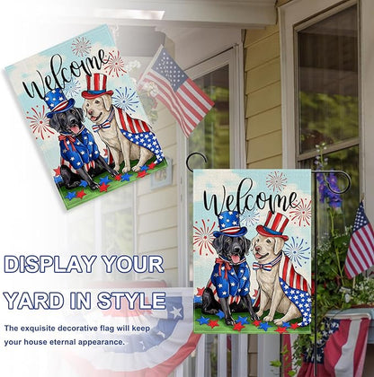 Welcome 4th of July Dog Patriotic Decorative Garden Flag, America USA Black Labrador Puppy Stars Stripes Yard Outside Decorations, American Summer Outdoor Small Home Decor Double Sided 12 x 18
