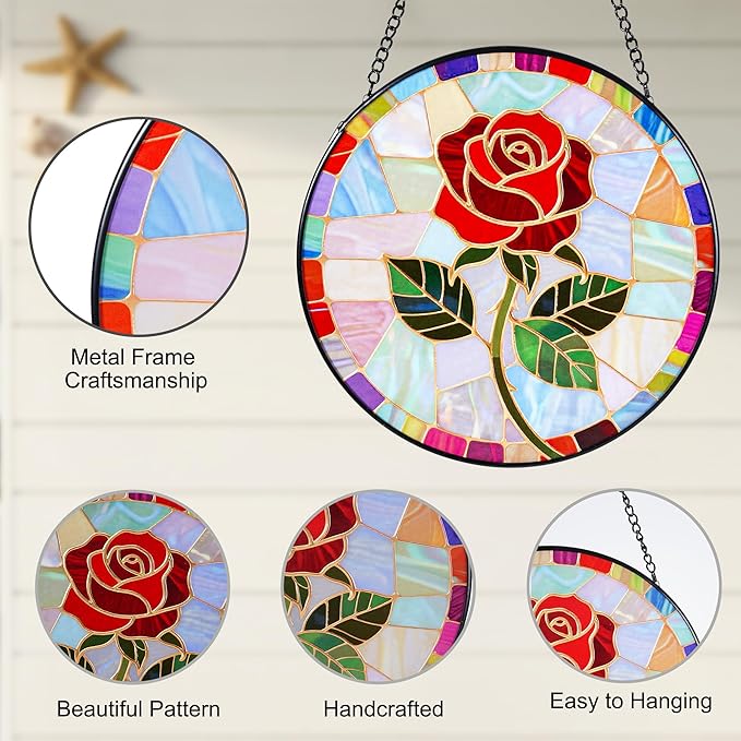 Stained Glass Window Hanging, Red Rose Suncatcher 7.8 in Sun Catcher Glass Panel Boho Wall Art Decor with Chain Diamond Glass Panel Hangings Scenery Sun Catchers Decor for Lover Couple Mom