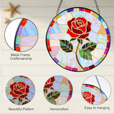 Stained Glass Window Hanging, Red Rose Suncatcher 7.8 in Sun Catcher Glass Panel Boho Wall Art Decor with Chain Diamond Glass Panel Hangings Scenery Sun Catchers Decor for Lover Couple Mom