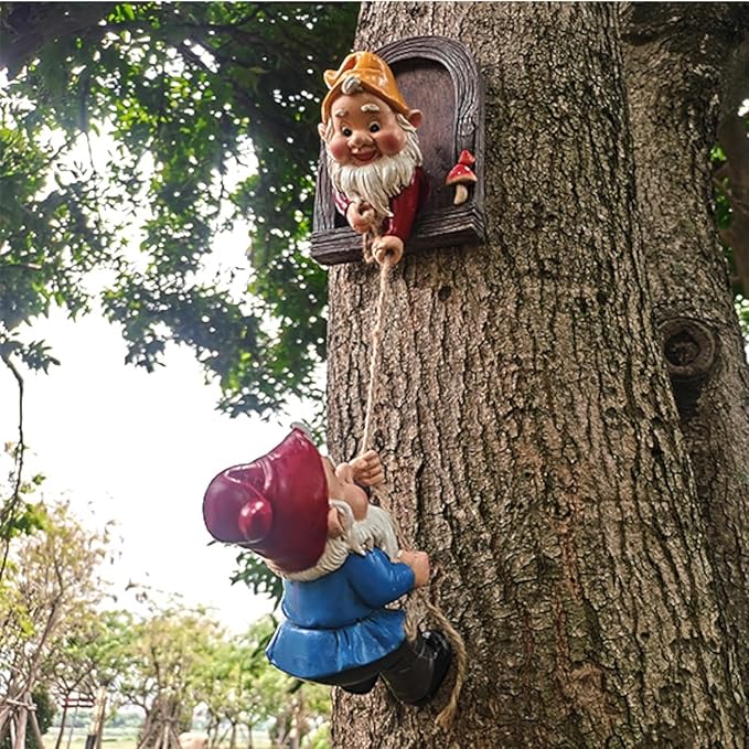 Climbing Gnomes Tree Faces Decor Outdoor for Yard - Cute Gnome Garden Statue Art Resin Dwarf Sculpture for Outdoor Decoration Ornaments