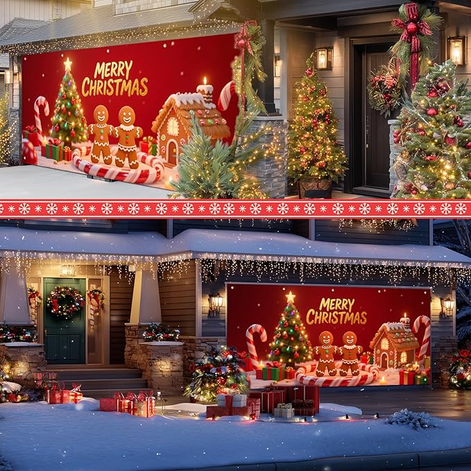 IVN Christmas Gingerbread Garage Door Banner 6x13 ft Holiday Backdrop with Cookies Tree Gifts Garage Door Covers Decorative Garage Door Cover Mural for Outdoor Decor