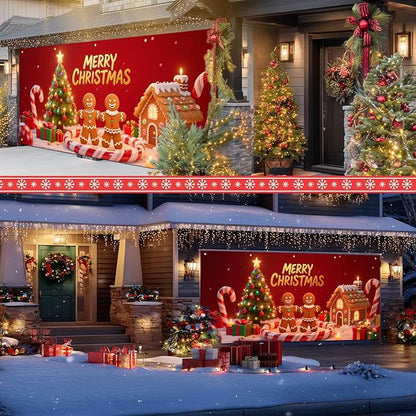 IVN Christmas Gingerbread Garage Door Banner 6x13 ft Holiday Backdrop with Cookies Tree Gifts Garage Door Covers Decorative Garage Door Cover Mural for Outdoor Decor