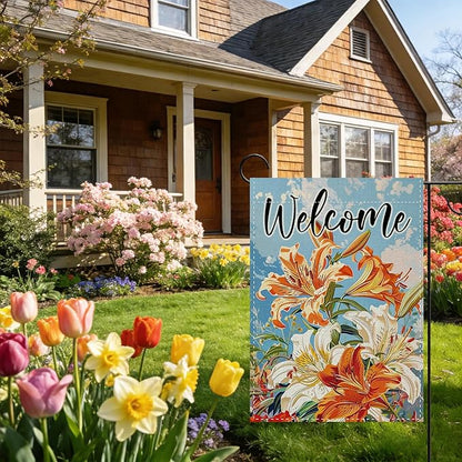 Welcome Spring Summer Lily Flower Decorative Garden Flag, Floral Botanical Small Yard Outside Decorations, Seasonal Burlap Outdoor Home Decor Double Sided 12 x 18