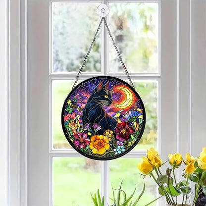 7.8" Black Cat Suncatcher Stained Glass Hanging Window Halloween Sun Catcher Gothic Ornaments Wall Art Home Room Kitchen Garden Decor Birthday for Women Men Cats Lovers