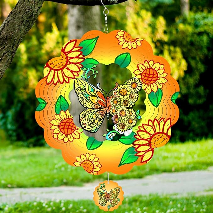 Butterfly Wind Spinners Hanging for Yard and Garden,12 inch 3D Metal Sunflower Outdoor Wind Sculptures Decor Birthday Gifts for Women Mom, Grandma, Gardening for Patio, Lawn, Balcony Porch Decorations