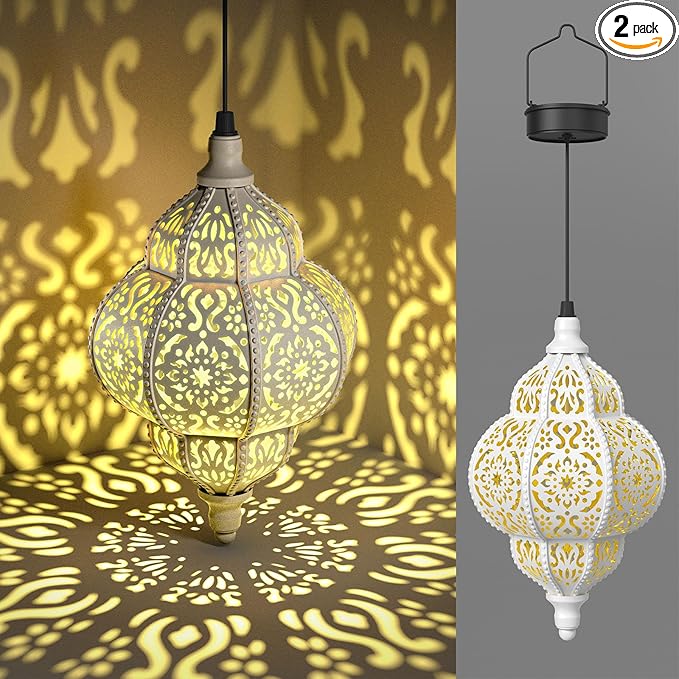 Hapjoy Hanging Solar Lights Outdoor Garden Decor Solar Lantern Waterproof Plastic Moroccan Outdoor Decorations for Patio Pathway Yard Backyard Garden Decorative (2, White)