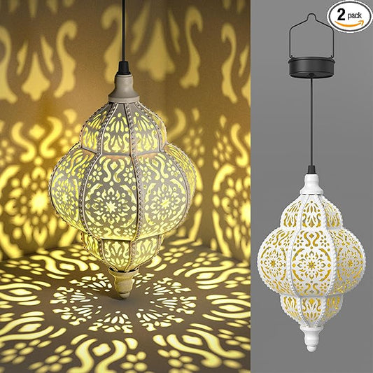 Hapjoy Hanging Solar Lights Outdoor Garden Decor Solar Lantern Waterproof Plastic Moroccan Outdoor Decorations for Patio Pathway Yard Backyard Garden Decorative (2, White)