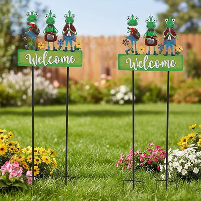 Frog Garden Stakes Decorative Large 41.7inch with Welcome Yard Sign, Whimsical Musical Frogs for Garden Decor Metal Yard Art Outdoor