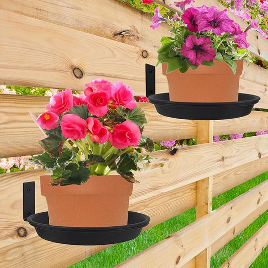 Wall Mount Plant Holder with Saucer Trays 8 inch, 6 Pack Heavy Duty Metal Fence Mounted Plant Holders for Wall, Ring Flower Pot Hanger Planter Bracket for Outside Indoor Outdoor Bird Feeder