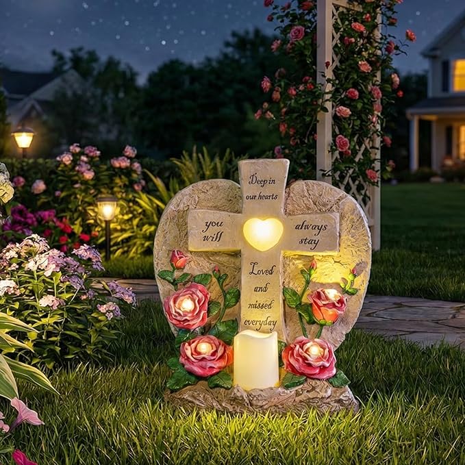 ZQQLITE Solar Lights for Cemetery Memorial Cross Statue with LED Lights & Roses Gift for Loss of Loved One, Garden Grave Markers Decor