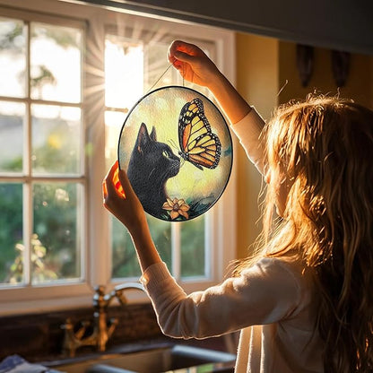 Black Cat Gifts, Cat Memorial Suncatcher Gift for Loss of Cats Butterfly Stained Glass Suncatcher Window Hanging Decor for Garden, Pet Loss Gift Christmas Birthday Sympathy Gifts for Pet Lovers Women