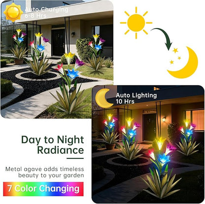 Homight Solar Metal Agave Lily Flower Garden Sculpture with LED Lights 30.3 Inch Waterproof Outdoor/Indoor Yard Decor Handmade Lawn Ornament Gift for Family Friends (3, Green)