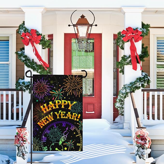 Happy New Year Garden Flags Firework Sparkle Night Sky Yard Flag 12x18 Inch Double Sided New Year Decorations for Outside lawn Celebrate Party Flag