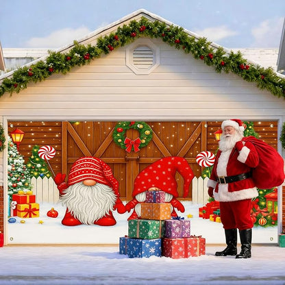 IVN Christmas Garage Door Cover Decoration 13x6ft Gnomes by Barn Doors with Tree Merry Christmas Garage Door Banner Home Door Front Yard Decor for Xmas Eve Holiday Outdoor