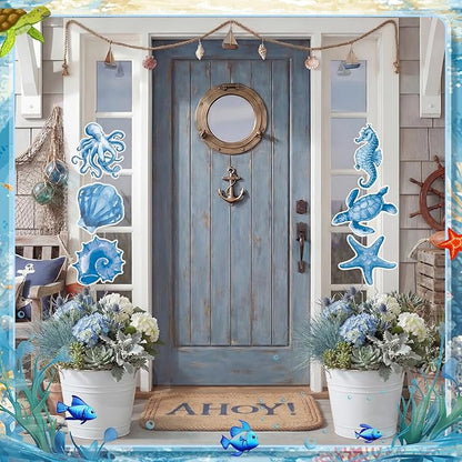 RattanView 6 Pack Outdoor Ocean Front Porch Decor Blue Coastal Yard Signs with Stakes Lawn Sign Flower Pot for Garden Patio Beach Summer Party Decorations