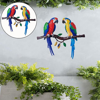 Limygus Tropical Metal Parrot Wall Art, Colorful Double Bird Garden Decor, Outdoor Hanging Decorations for Patio, Fence, Yard, Living Room, Balcony
