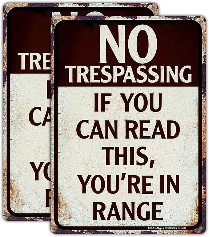 2 Pack No Trespassing Signs - 14x10 Aluminum Vintage Funny Signs for Bars, Man Cave, Yard - Reflective, Fade Resistant