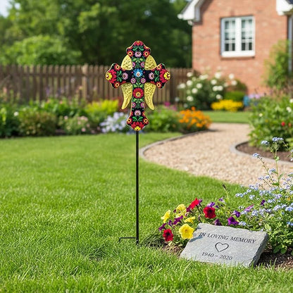 Solar Cross Lights with Angel Wings, Floral Design Outdoor Cemetery Decoration, Warm White LED Stake Light, Pink and Gold Glass Cross for Tombstone Memorial