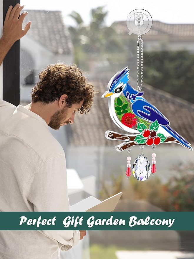 KY&BOSAM Blue Bird Suncatcher Gifts for Mom Hand Painted Stained Glass for Windows Hanging Wind Chime Pressed Rearl Flower Wings and Crystal Charm Gift for Mom Mother`s Day Birthday Christmas Decor