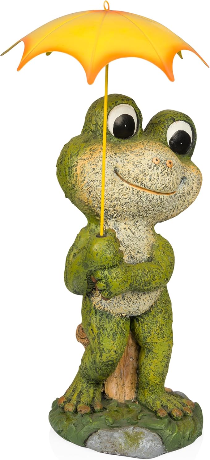 Alpine Corporation QWR1004 Indoor/Outdoor Smiling Frog with Yellow Umbrella Garden Statue, Playful Frog Statue, 23" H, Green