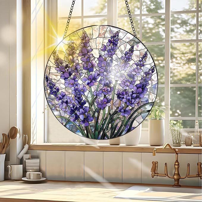 VAIIEYO Lavender Sun Catcher Stained Glass Window Hanging Ornament, Handmade Sun Catcher Flower Decoration with Hooks for Window Garden Home, Mother's Day & Birthday Housewarming Gift (7.8 inch)