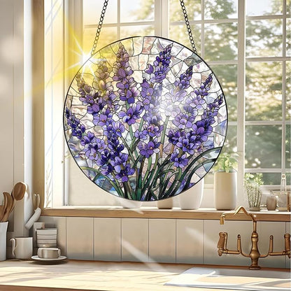 VAIIEYO Lavender Sun Catcher Stained Glass Window Hanging Ornament, Handmade Sun Catcher Flower Decoration with Hooks for Window Garden Home, Mother's Day & Birthday Housewarming Gift (7.8 inch)