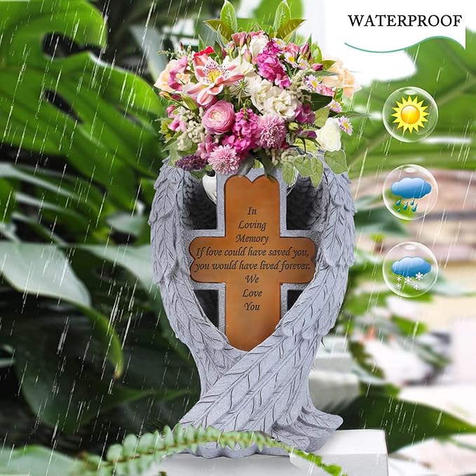 Angel Wings and Cross Solar Light CemeteryDecorations, Cemetery Decorations,Garden Solar Vase Decorations,Gift for Lost Lovers Ones (White)