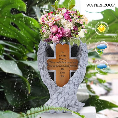 Angel Wings and Cross Solar Light CemeteryDecorations, Cemetery Decorations,Garden Solar Vase Decorations,Gift for Lost Lovers Ones (White)