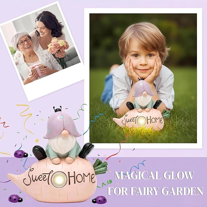 Garden Gnomes Outdoor, Solar Ladybug Gnome Garden Statue & Fairy Garden Accessories, Funny Garden Gnome Yard Ornaments & Lawn Statues, Resin Decor Gnomes Gifts for Women Mom