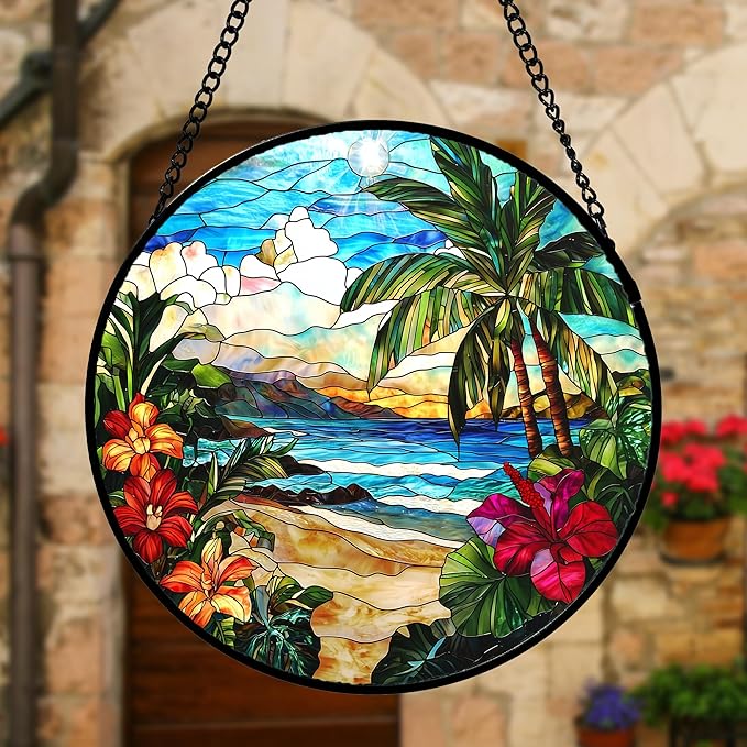 DASTOLL Stained Glass Window Hanging, Blue Beach Scenery Suncatcher Diamond Glass Panel Hangings Sun Catchers Decor for Birthday for Women, Men, Wife, Aunt, and Mom 6.3 in