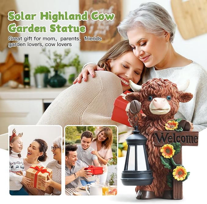 Solar Highland Cow Garden Decoration - Outdoor Waterproof Resin Statues with LED Lantern Lights, Solar Patio Figurines for Yard & Lawn (1-Pack, Auto On/Off), Decor for Inside&Outdoor