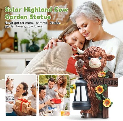 Solar Highland Cow Garden Decoration - Outdoor Waterproof Resin Statues with LED Lantern Lights, Solar Patio Figurines for Yard & Lawn (1-Pack, Auto On/Off), Decor for Inside&Outdoor