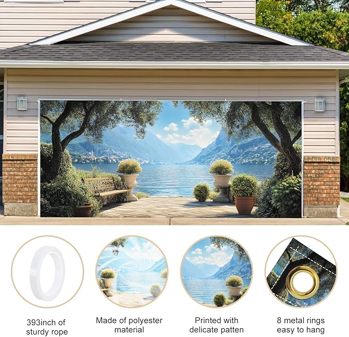ANNA QUEEN Mural Garage Door Banner 6 x 13FT, Mediterranean Lakeside Garden View with Bench and Mountains, Romantic Garden Scenic Backdrop for Patio, Yard, Holiday, Party Decor