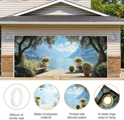 ANNA QUEEN Mural Garage Door Banner 6 x 13FT, Mediterranean Lakeside Garden View with Bench and Mountains, Romantic Garden Scenic Backdrop for Patio, Yard, Holiday, Party Decor