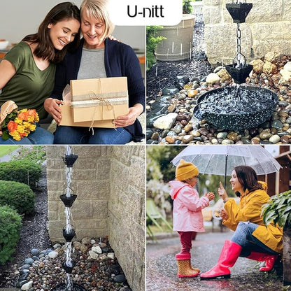 U-nitt Rain Chain Water Collection for Gutters Rainwater Catcher & Diverter, 8.5 FT Chains for Outside Garden, Black Square Cups, Roof Downspout, Works with Heavy Rain, w/Gutter Clip for Rainchains