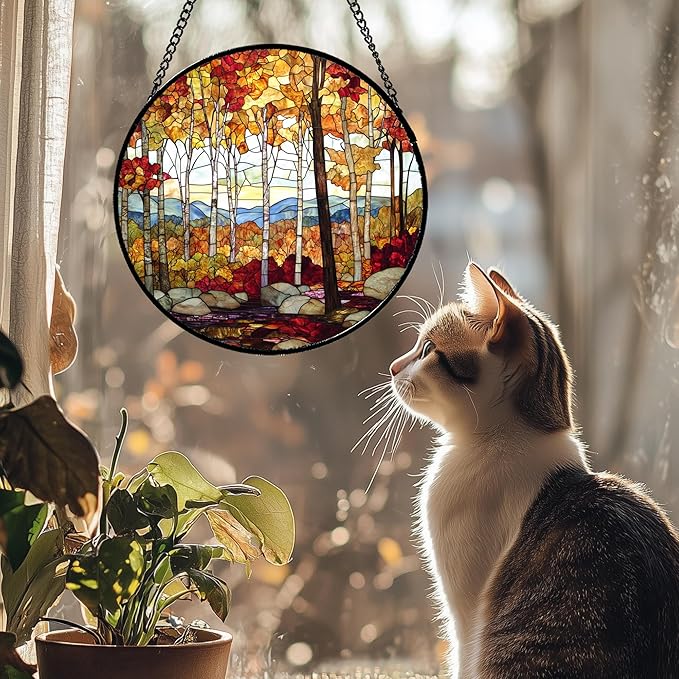 Stained Glass Window Hanging Fall Birch Tree Forest Scenery Large 11.8" - Suncatcher Door Garden Sun Catcher Home Decor Birthday Christmas for Mom Men Woman Friend Nana