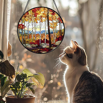 Stained Glass Window Hanging Fall Birch Tree Forest Scenery Large 11.8" - Suncatcher Door Garden Sun Catcher Home Decor Birthday Christmas for Mom Men Woman Friend Nana