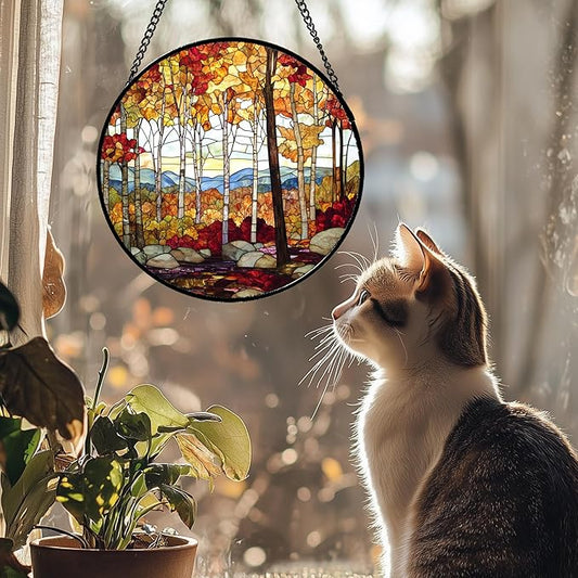 Stained Glass Window Hanging Fall Birch Tree Forest Scenery Large 11.8" - Suncatcher Door Garden Sun Catcher Home Decor Birthday Christmas for Mom Men Woman Friend Nana