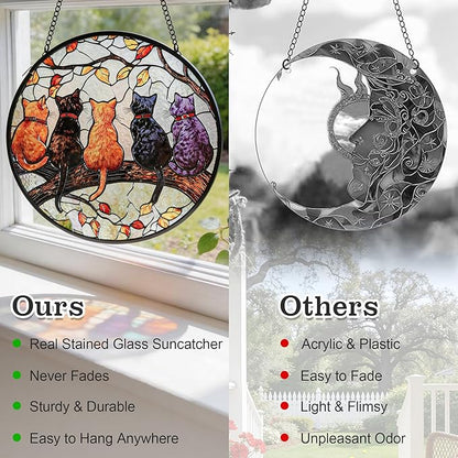 Cat Stained Glass Window Hanging with Hook – 6.3" Handcrafted Suncatcher, Vibrant Decor for Living Room Office, Unique Gifts for Women, Mom, Teen Girls, Cat Lovers