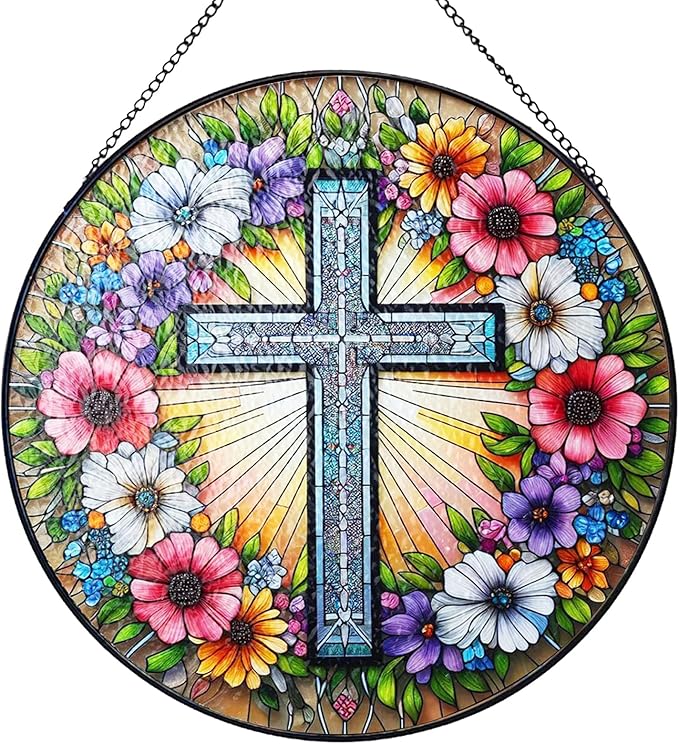 Cross Flower Suncatcher Stained Glass Window Hanging, Christian Wildflower Sunset Landscape Sun Catchers Indoor Window Glass Round Wall Decor, Religious Wall Art Hanging Decorations Statues