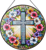 Cross Flower Suncatcher Stained Glass Window Hanging, Christian Wildflower Sunset Landscape Sun Catchers Indoor Window Glass Round Wall Decor, Religious Wall Art Hanging Decorations Statues