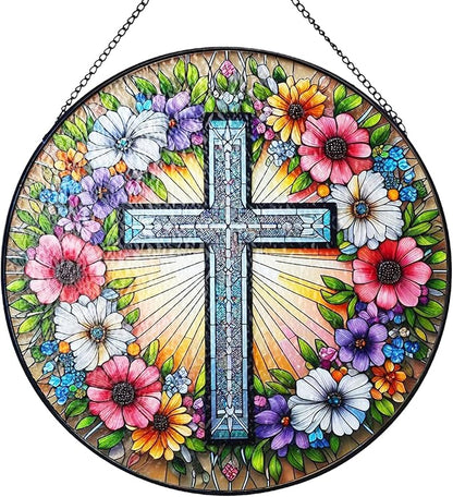 Cross Flower Suncatcher Stained Glass Window Hanging, Christian Wildflower Sunset Landscape Sun Catchers Indoor Window Glass Round Wall Decor, Religious Wall Art Hanging Decorations Statues
