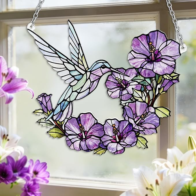 Stained Glass Sun Catchers Indoor Window, 8 in Hummingbird Suncatchers for Windows Hanging, Mother's Day Birthday Gifts for Women Men Mom Nana