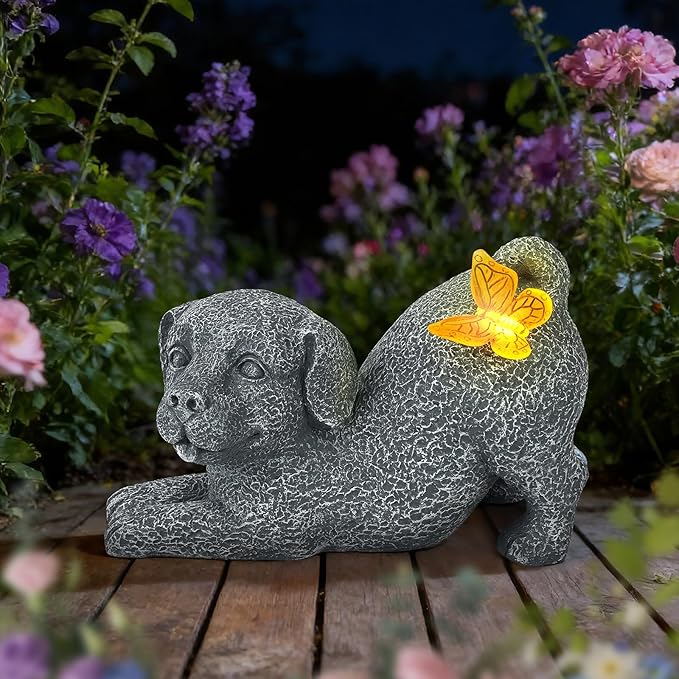 Solar Dog with Butterfly Light Statue, Outdoor Resin Puppy Garden Decor, Solar Powered Dog Figurine for Yard Patio Lawn, Waterproof Memorial Gift for Pet Lovers